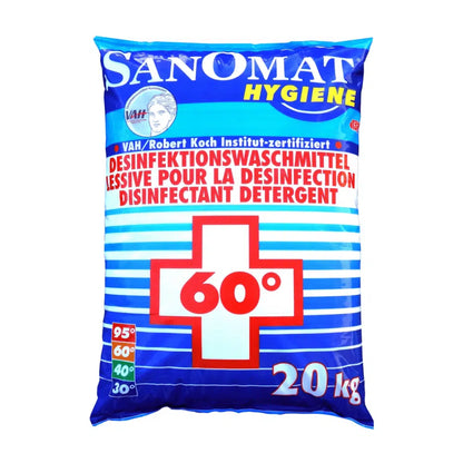 Un sacchetto blu con la scritta „Rösch Sanomat Detergente Disinfettante“ è contrassegnato sul davanti con una croce rossa e „60°“, indicando così l'uso come disinfettante da 20 kg. Il prodotto della Rösch Germany GmbH è elencato nel RKI e certificato VAH, le informazioni sono disponibili in tedesco e francese.