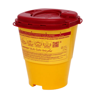 Contenitore di smaltimento giallo Multi-Safe twin plus per aghi con coperchio rosso, dotato di avvertenze e istruzioni d'uso multilingue per Meditrade GmbH.