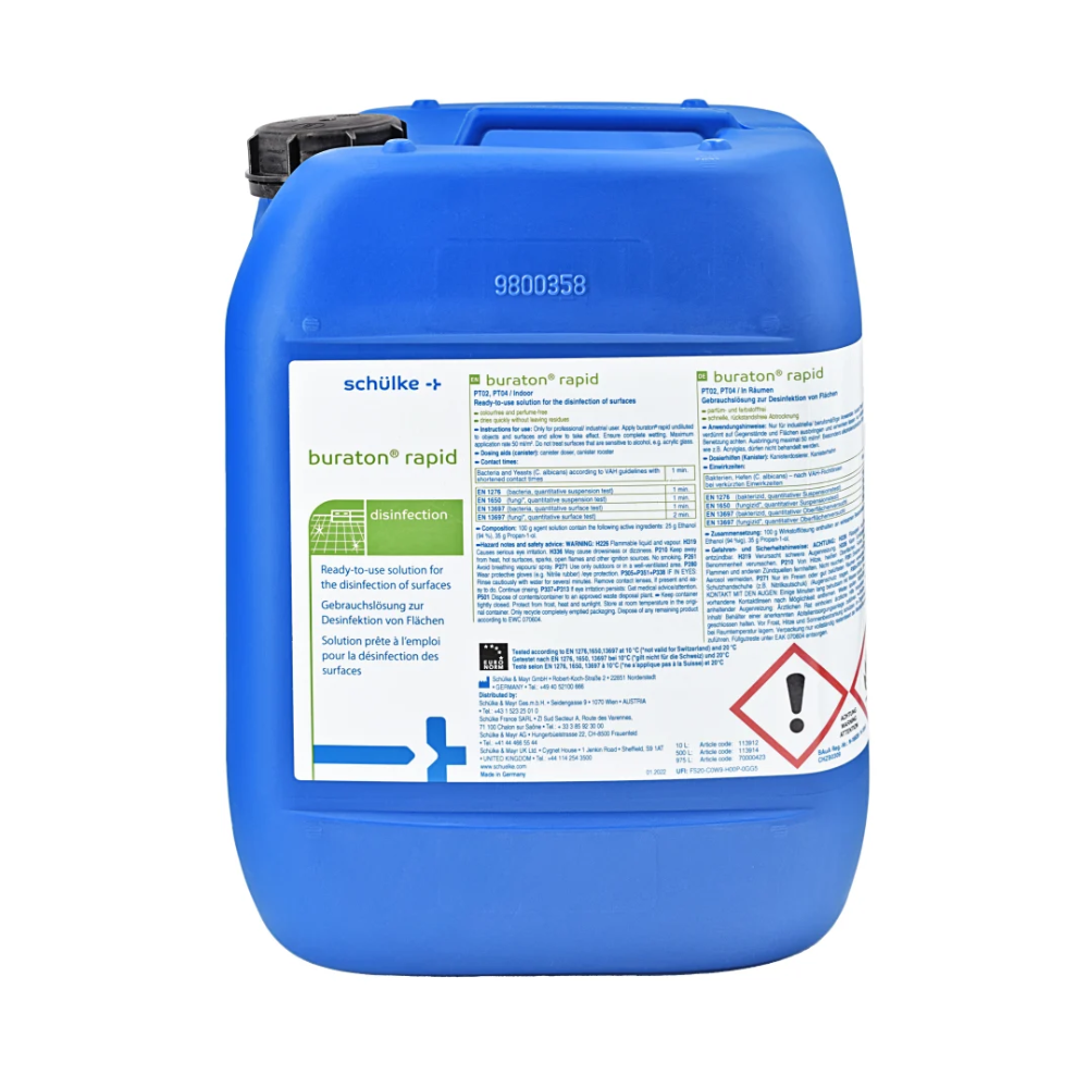 Un contenitore di plastica blu con Schülke buraton® rapid preparato per disinfezione rapida, dotato di etichette con testo in più lingue e vari simboli di sicurezza, tra cui uno per irritazioni cutanee, sviluppato specificamente per alimenti.