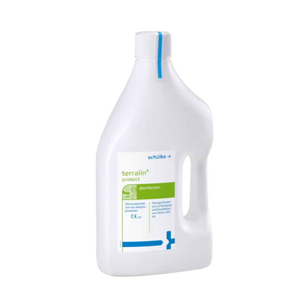 Una bottiglia di plastica bianca con Schülke terralin® protect Concentrato per la disinfezione e pulizia della Schülke & Mayr GmbH, con tappo blu ed etichetta, isolata su sfondo bianco.