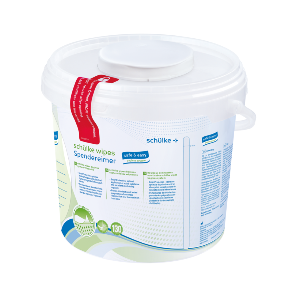 Un secchio di plastica bianco con manico e coperchio, con la scritta "Schülke wipes safe&easy salviette imbevute di disinfettante per superfici", contiene 130 salviette disinfettanti della Schülke & Mayr GmbH, su sfondo monocromatico. Questo dispositivo medico.