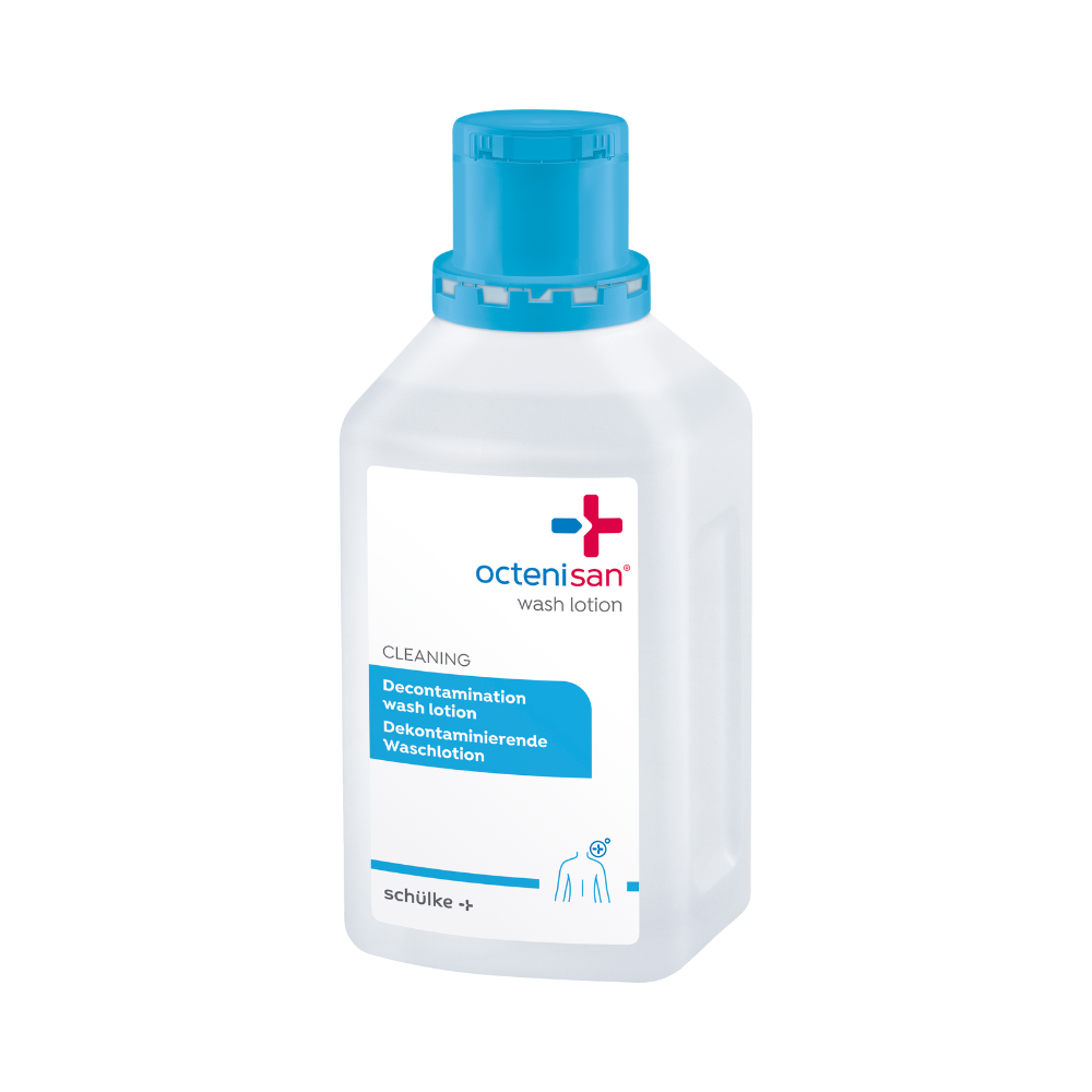 Una bottiglia di plastica trasparente Schülke Octenisan Waschlotion della Schülke & Mayr GmbH con tappo blu e etichetta bilingue è in piedi su uno sfondo bianco, ideale per la pulizia della pelle antisettica e la cura igienica del corpo.