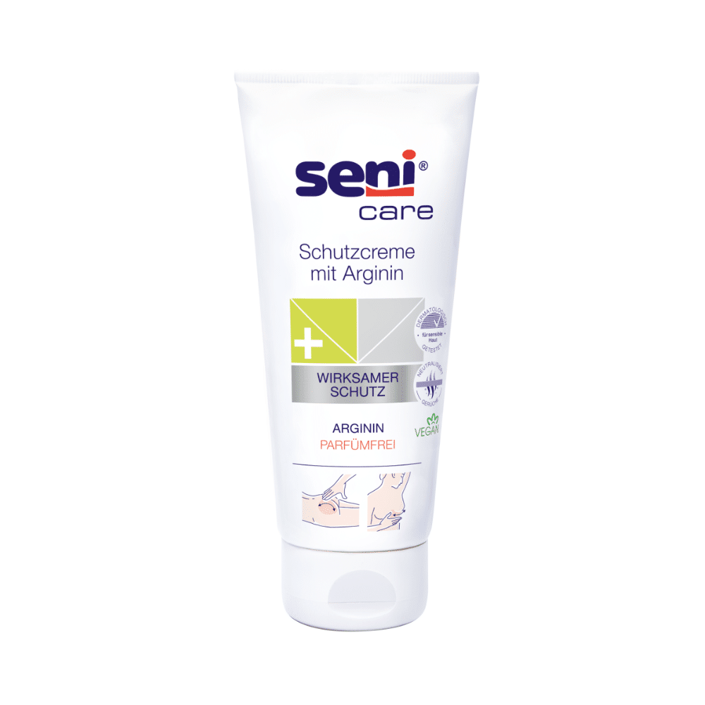 Un tubo bianco della crema protettiva Seni Care con arginina - 200 ml di TZMO Germania sottolinea la sua efficace protezione per la pelle sensibile. La formula vegana e senza profumo supporta il processo di rigenerazione della pelle ed è quindi ideale per la cura della pelle.