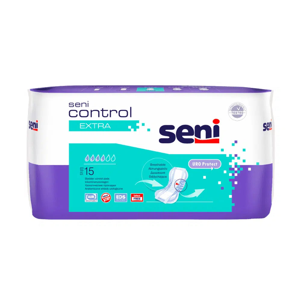 Una confezione di assorbenti per incontinenza Seni Control Extra (15 pezzi) di TZMO Deutschland GmbH, con confezione bianco-viola con accenti blu-verdi, informazioni sulla capacità di assorbimento e grafiche che evidenziano il comfort e la discrezione su sfondo bianco.