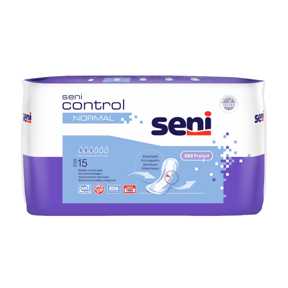 Una confezione con 15 assorbenti Seni Control Normal della TZMO Deutschland GmbH nel design bianco-lilla con dettagli del prodotto. Questi assorbenti offrono una protezione traspirante, discreta e confortevole in caso di incontinenza.