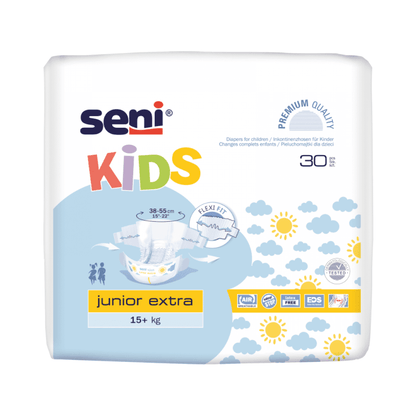 I pantaloni per incontinenza Seni Kids Junior Extra della TZMO Deutschland GmbH per bambini a partire da 15 kg vengono forniti in una confezione colorata con grafica di sole e nuvole e il simbolo del sistema Extra Dry e contengono 30 pezzi.