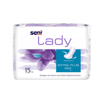 La Seni Lady Extra Plus inserto di TZMO Deutschland GmbH viene fornito in confezione da 15, ideale per leggera a media incontinenza. La confezione bianco-lilla con design floreale è traspirante e progettata per le donne.