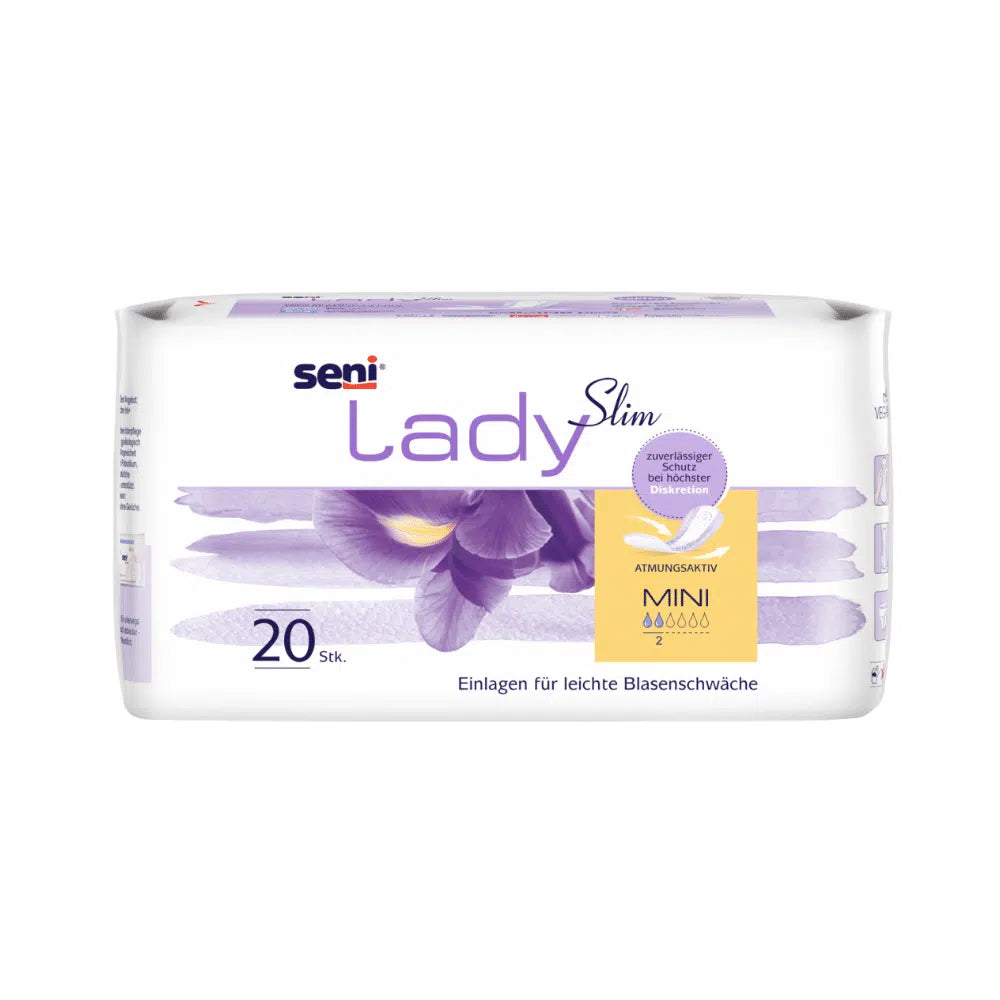 Una confezione da 20 Seni Lady Slim Mini a20 di TZMO Deutschland GmbH con design di iris viola e testo tedesco offre una leggera protezione contro l'incontinenza con Extra Dry System per traspirabilità e assorbenza.