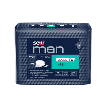 Una confezione di Seni Man Extra Level 3 assorbenti per incontinenza (15 pezzi) della TZMO Deutschland GmbH per uomini con 15 assorbenti per confezione in schema di colore blu e l'affermazione di offrire controllo degli odori e migliorata circolazione dell'aria.