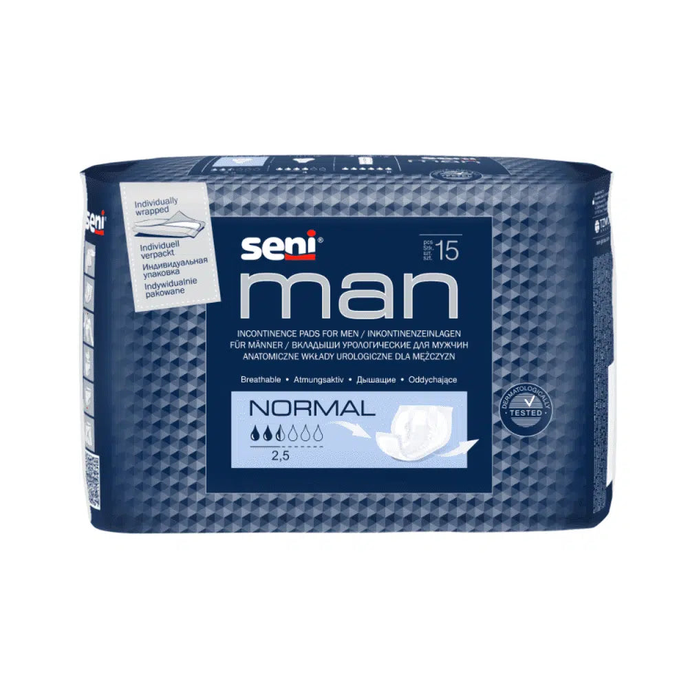 Una confezione blu di Seni Man Normal inserto per incontinenza per uomini di TZMO Deutschland GmbH contiene 15 assorbenti con una capacità di assorbimento di 2,5 su 6 gocce - per discrezione e sicurezza.