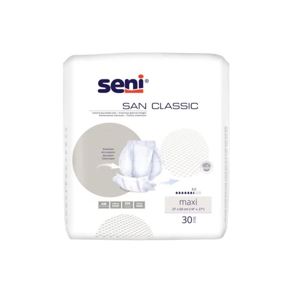 San Seni Classic Maxi sagomato per incontinenza di TZMO Deutschland GmbH – Confezione da 30 pezzi per incontinenza urinaria, con protezione sicura contro le perdite. Dettagli del prodotto e logo su confezione bianca.