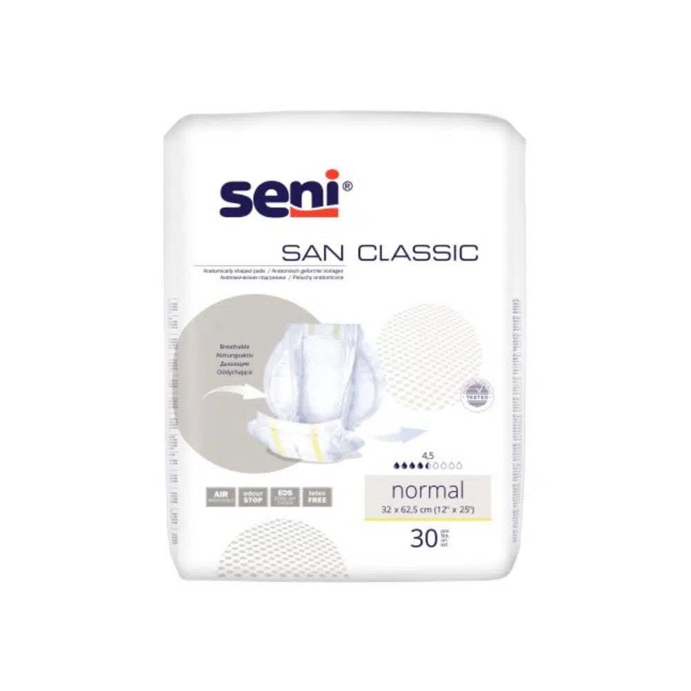 Una confezione di San Seni Classic Normal assorbenti per incontinenza della TZMO Deutschland GmbH contiene 30 assorbenti, ha un imballaggio bianco con scritte blu-grigie, è ideale per la debolezza della vescica e mostra un'immagine del design dell'assorbente.
