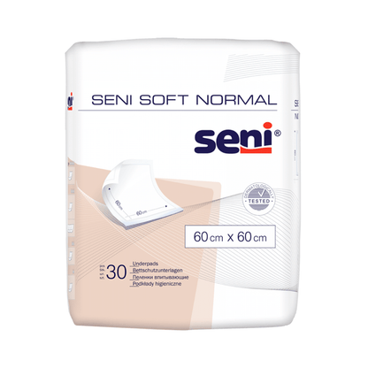 Una confezione di 30 traverse per letto Seni Soft Normal (60 x 60 cm) di TZMO Deutschland GmbH viene fornita in un imballaggio bianco con testo blu e arancione e un'illustrazione di sottofondo e offre una protezione affidabile.