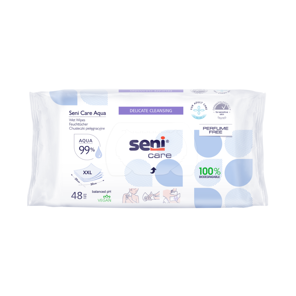 Nell'immagine è mostrata una confezione di salviette umidificate Seni Care Aqua | Confezione (48 pezzi) di TZMO Deutschland GmbH. La confezione è prevalentemente bianca con accenti blu, indicando che sono composte al 99% da acqua e di formato XXL. Le salviette sono senza profumo, vegane, hanno un pH equilibrato e sono biodegradabili al 100%, perfette per la pelle sensibile. La confezione contiene 48 salviette.