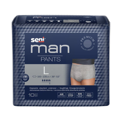 Un pacco di Seni Man Pants biancheria intima assorbente per uomini della TZMO Deutschland GmbH, pannolini per adulti di alta qualità per incontinenza in taglia grande, con fascia grigia e un diagramma che mostra la vestibilità su un manichino. Contiene 10