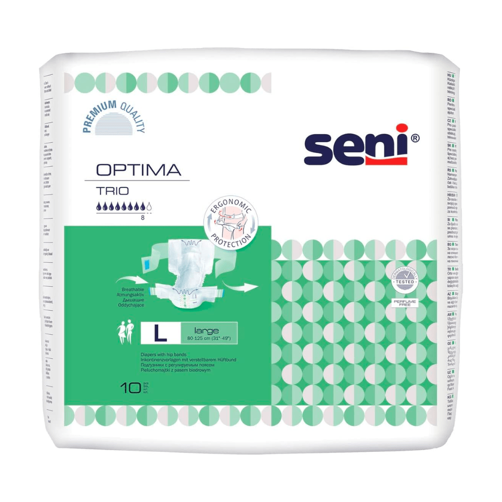 Una confezione Seni Assorbenti per l'incontinenza Optima Trio con fascia in vita della TZMO Deutschland GmbH, taglia L, confezione da 10 pezzi, con la dicitura «Qualità premium» e illustrazioni che ne illustrano l'utilizzo. La confezione è bianca con dettagli verdi e motivi geometrici.