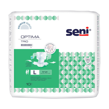 Una confezione Seni Assorbenti per l'incontinenza Optima Trio con fascia in vita della TZMO Deutschland GmbH, taglia L, confezione da 10 pezzi, con la dicitura «Qualità premium» e illustrazioni che ne illustrano l'utilizzo. La confezione è bianca con dettagli verdi e motivi geometrici.
