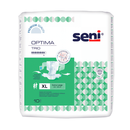 Una confezione di pannolini per adulti Seni Assorbenti per l'incontinenza Optima Trio con fascia in vita - 10 pezzi della TZMO Deutschland GmbH, con un'etichetta verde chiaro che raffigura un design ergonomico di protezione. La confezione contiene 10 assorbenti e presenta un marchio di alta qualità.