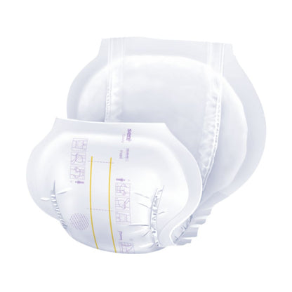 Descrizione: Illustrazione di un pannolone bianco monouso Seni San Maxi per adulti di TZMO Deutschland GmbH, che mostra la struttura stratificata e le zone di assorbimento.