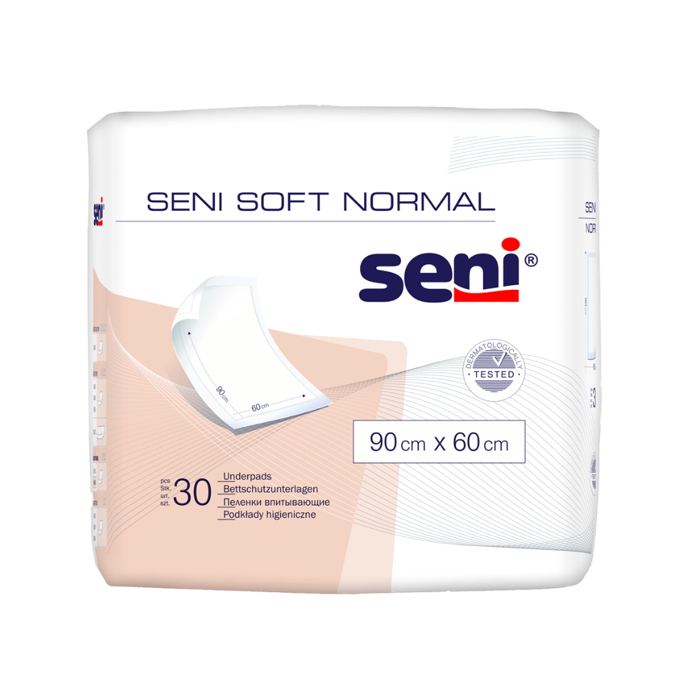 Una confezione di traverse per letto Seni Soft Normal (TZMO Deutschland GmbH), 90 x 60 cm, contiene 30 pad. La confezione mostra una semplice grafica di sottofondo e sottolinea la protezione affidabile. Disponibili in diverse dimensioni.