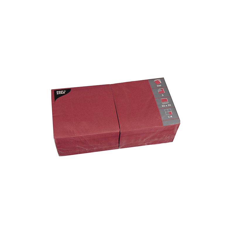 Una confezione di PAPSTAR 250 tovaglioli, 3 veli 1/4 piega di PAPSTAR GmbH, con dettagli del prodotto come dimensioni e quantità raffigurati lateralmente, rappresentata su sfondo bianco.