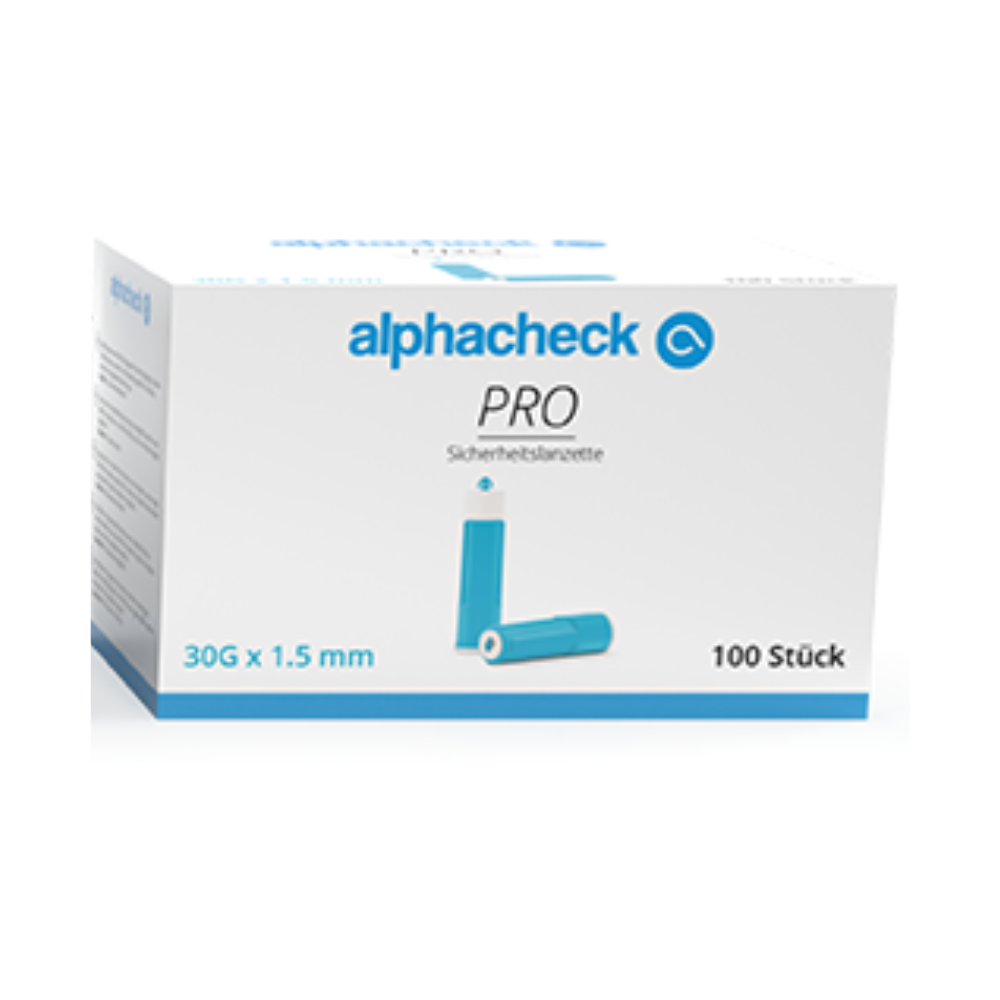 Una scatola con la dicitura "Lancette di sicurezza Alphacheck PRO, varie dimensioni" della Berger Med GmbH, che contiene 100 lancette di sicurezza per test glicemici nei diabetici. Sulla confezione è raffigurata una lancetta blu e l'indicazione "30G x 1,5 mm", ideale per il prelievo di sangue capillare.