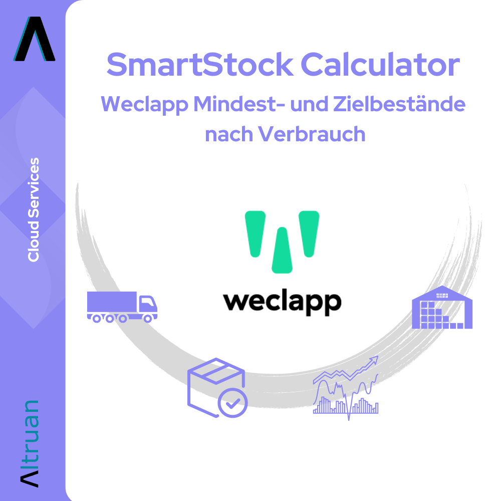 Logo e grafica pubblicitaria per "SmartStock Calculator: Calcolatore di scorte minime e obiettivi di Weclapp basato sul consumo" di Altruan con i simboli di un camion, una scatola regalo e un diagramma come simbolo per la gestione delle scorte su uno sfondo chiaro.