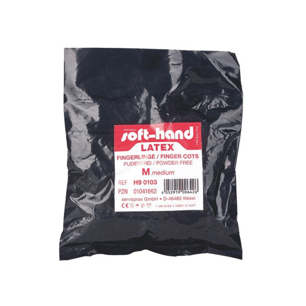 Una confezione con l'etichetta „Soft-Hand Ditali in lattice, Taglia 3 – 100 pezzi“ della Servoprax GmbH contiene ditali di taglia media, non sterili. La confezione è nera con etichetta rosso-bianca ed è priva di polvere.