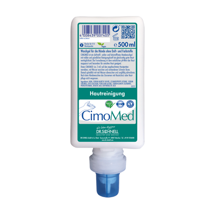 Una bottiglia da 500 ml Dr. Schnell CIMOMED gel per lavaggio delle mani di DR.SCHNELL GmbH & Co. KGaA, senza profumo e coloranti per la pulizia della pelle, con logo bianco in tedesco e erogatore blu - ideale per la pelle sensibile.