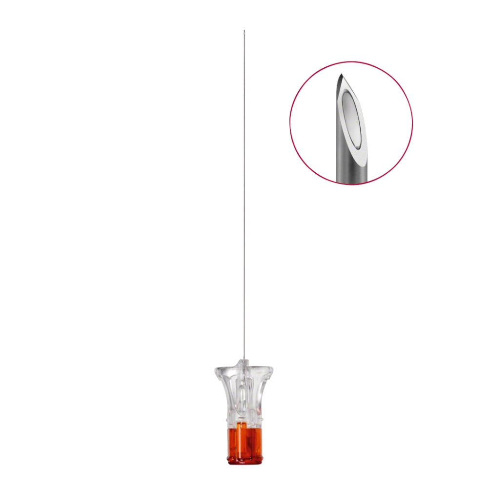 La B. Braun Ago Spinocan® (0,33 x 120 mm, G 29, 4 3/4") di B. Braun La Deutschland GmbH & Co. KG è dotata di un fusto in plastica trasparente con base di colore arancione e di una punta metallica smussata che garantisce precisione; è ideale per gli interventi medici.