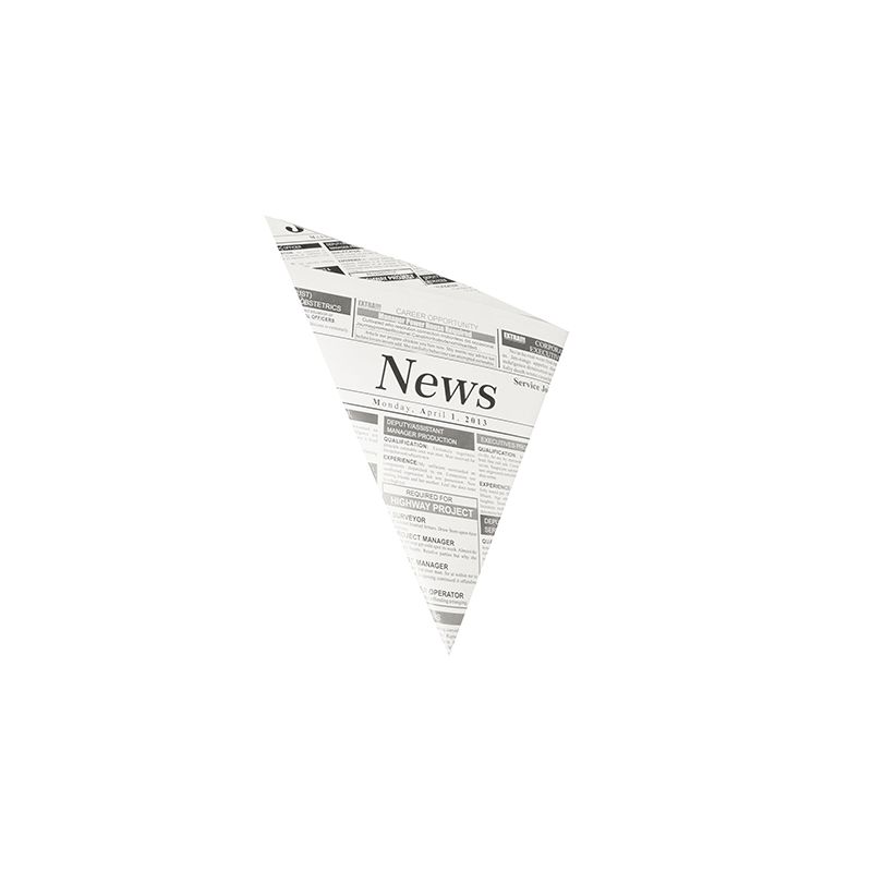 I coni di carta in sostituzione della pergamena della PAPSTAR Le confezioni della GmbH presentano un design triangolare in stile “Newsprint” con la scritta “News” in grassetto, richiamando così i classici sacchetti a punta realizzati con la carta da giornale. Il resto del testo è costituito da piccoli titoli, in parte visibili, su uno sfondo bianco semplice, che evocano il piacere di gustare patatine fritte e snack.