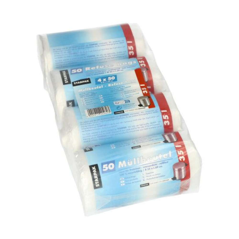Il prodotto è composto da quattro rotoli con sacchi della spazzatura da 35 litri, ciascuno confezionato in una guaina di plastica trasparente. L'etichetta su ogni rotolo riporta il testo "Starpak" e "50 sacchi della spazzatura", indicando che sono destinati all'uso domestico.