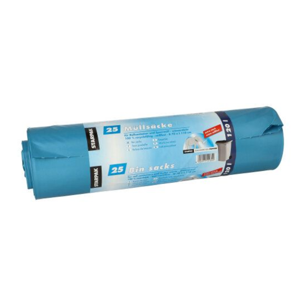 Un rotolo di sacchi della spazzatura Starpak, composto da sacchi blu con un volume di 120 litri (H 110 x L 70 cm), avvolto in pellicola LDPE con una fascetta che indica che si tratta di una confezione da 25 pezzi. L'etichetta mostra immagini di un bidone della spazzatura e contiene testo in inglese e tedesco.