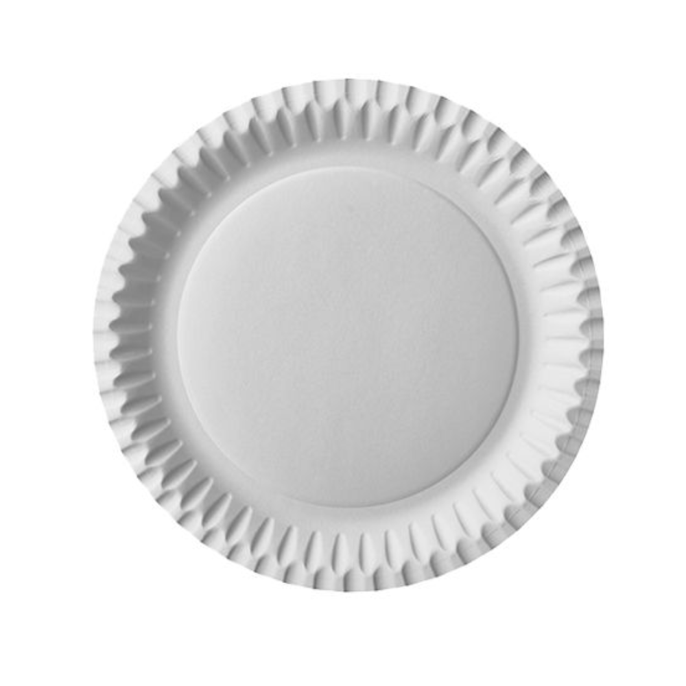 Ein einfacher, runder Starpak 100 Teller aus Pappe (weiß), 23 cm Durchmesser, mit leicht erhöhter, gewellter Kante, von oben auf weißem Hintergrund.