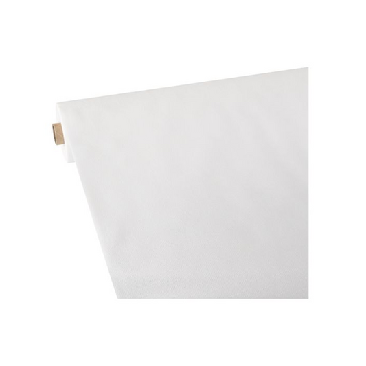 Die in Schrumpffolie verpackte Starpak Vlies Tischdecke weiss „soft selection plus“ Rolle mit den Maßen 25 x 1,18 Meter ist teilweise ausgerollt, sodass ihre glatte Textur sichtbar wird. Die Kante der Rolle ist auf der linken Seite vor einem vollständig weißen Hintergrund zu sehen, was für ein minimalistisches Erscheinungsbild sorgt.