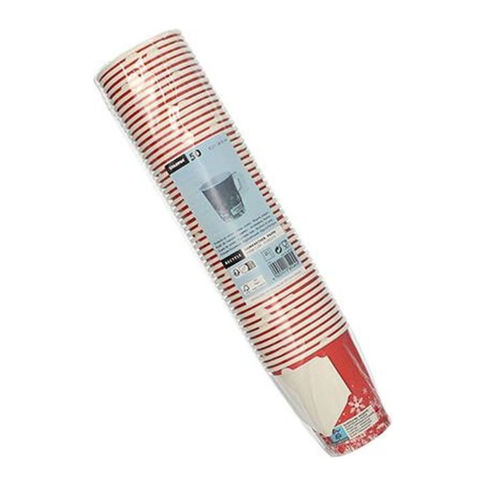 Das Starpak 50 Trinkbecher mit Henkel „Winter Time“ Paket beinhaltet 50 Einwegbecher für heiße Getränke, die ein weiß-rotes Streifenmuster aufweisen. Sie sind in einer Kunststoffverpackung mit einem Etikett mit Produktdetails und einem Becherfoto verpackt.