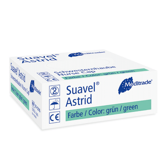 Una confezione di guanti chirurgici Meditrade Suavel® Astrid per infermieri della Meditrade GmbH. La confezione è prevalentemente bianca e blu, mentre il testo indica che il colore dei guanti è verde. Alcuni simboli indicano che i guanti sono monouso.