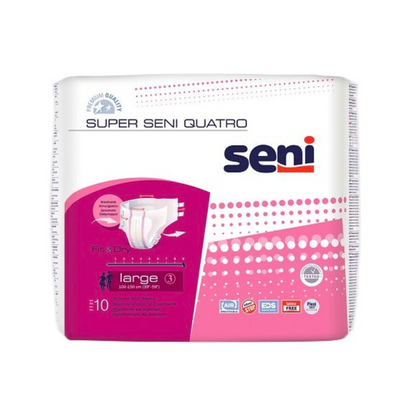 Eine 10er-Packung Super Seni Quatro Inkontinenzhosen der TZMO Deutschland GmbH, Größe L mit violetten und rosa Akzenten. Mit „Fit & Dry“-Auslaufschutz, ideal bei Blasenschwäche. Verschiedene Qualitätssymbole auf der Verpackung.