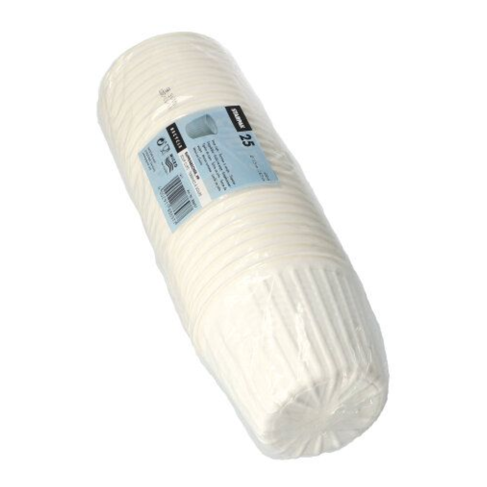 Una pila di bicchieri da zuppa Starpak 25, PP "To Go" Ø 11,5 cm bianco è confezionata in plastica trasparente con un'etichetta blu con informazioni sul prodotto e codice a barre.