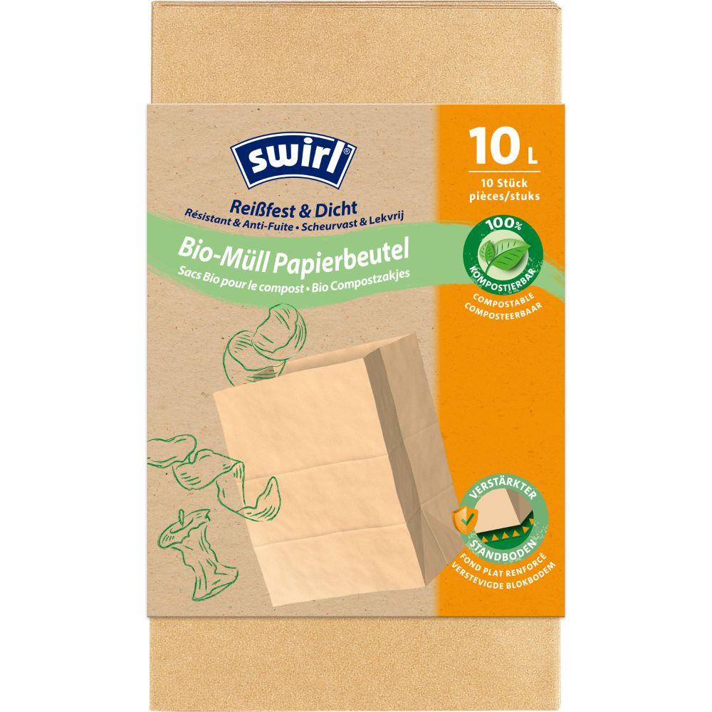 Un rotolo Swirl di sacchetti di carta per rifiuti biologici da 10 l resistenti agli strappi e impermeabili di Melitta Europa GmbH & Co. KG, contiene 10 sacchetti di carta compostabili e resistenti agli strappi con fondo rinforzato. La confezione mostra un sacchetto con foglie verdi.