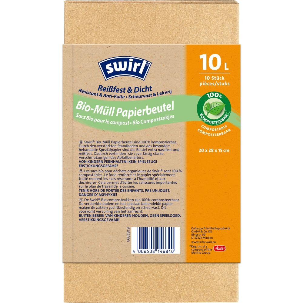 I Swirl sacchetti di carta per rifiuti biologici da 10 l resistenti agli strappi e impermeabili di Melitta Europa GmbH & Co. KG contengono 10 sacchetti compostabili su un rotolo e vengono forniti in una confezione marrone con accenti verdi e arancioni.