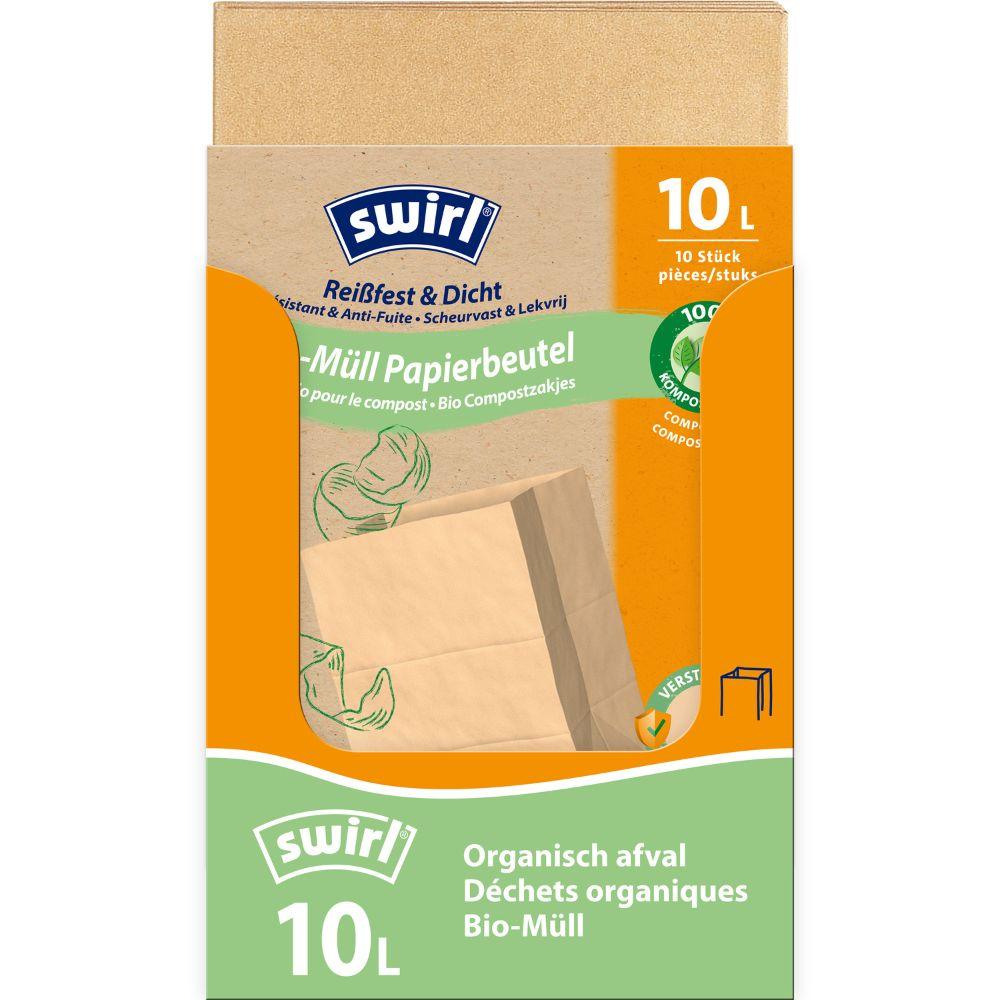 Un rotolo Swirl di sacchetti di carta per rifiuti biologici da 10 l resistenti agli strappi e impermeabili di Melitta Europa GmbH & Co. KG contiene 10 sacchetti di carta stabili e compostabili per rifiuti organici, con testo multilingue e un'illustrazione di cavolo.