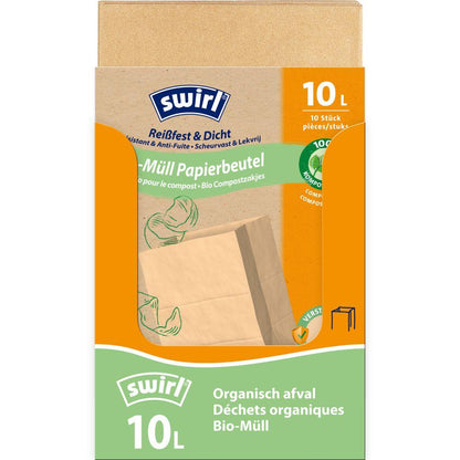Un rotolo Swirl di sacchetti di carta per rifiuti biologici da 10 l resistenti agli strappi e impermeabili di Melitta Europa GmbH & Co. KG contiene 10 sacchetti di carta stabili e compostabili per rifiuti organici, con testo multilingue e un'illustrazione di cavolo.
