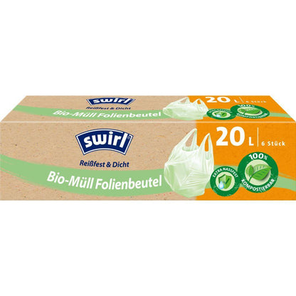 Un rotolo Swirl di sacchetti per rifiuti biologici con manico (20L, 6 sacchetti) di Melitta Europa GmbH & Co. KG - resistente agli strappi, a prova di perdite, certificato DINplus, compostabile. Immagine del sacchetto verde sulla confezione.
