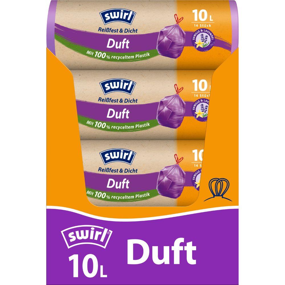 Nella foto c'è un rotolo Swirl di sacchetti profumati vaniglia-lavanda da 10l resistenti e sigillati della Melitta Europa GmbH & Co. KG con 14 sacchetti che profumano di vaniglia e lavanda e sono fatti di plastica riciclata al 100%.