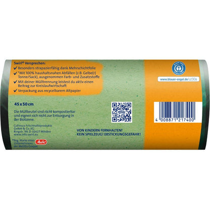 Un rotolo Swirl di sacchetti per rifiuti ecologici con coulisse 20l resistenti agli strappi e impermeabili (18 sacchetti) di Melitta Europa GmbH & Co. KG in plastica riciclata presenta testo tedesco, un codice QR, un codice a barre, un simbolo di coulisse e un logo di riciclaggio su sfondo verde-bianco.