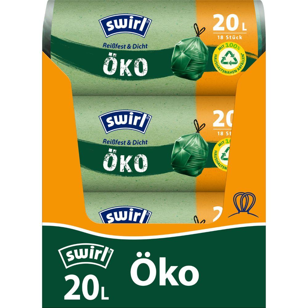 Un rotolo Swirl di sacchetti per rifiuti ecologici con coulisse 20 l di Melitta Europa GmbH & Co. KG contiene 18 sacchetti resistenti agli strappi e a prova di perdite con chiusura a coulisse e caratteristiche ecologiche, realizzati in plastica riciclata e dotati di sigillo verde.