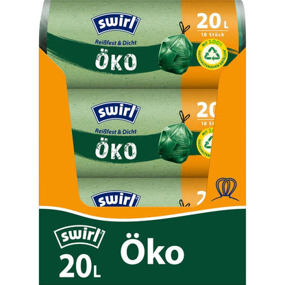 Un rotolo Swirl di sacchetti per rifiuti ecologici con coulisse 20 l di Melitta Europa GmbH & Co. KG contiene 18 sacchetti resistenti agli strappi e a prova di perdite con chiusura a coulisse e caratteristiche ecologiche, realizzati in plastica riciclata e dotati di sigillo verde.