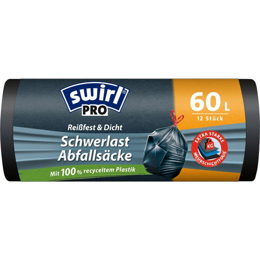 I Swirl sacchi pesanti professionali con coulisse da 60 l resistenti agli strappi e sigillati della Melitta Europa GmbH & Co. KG vengono forniti su un rotolo con 12 sacchi extra resistenti agli strappi, in un imballaggio nero-giallo realizzato al 100% in plastica riciclata.