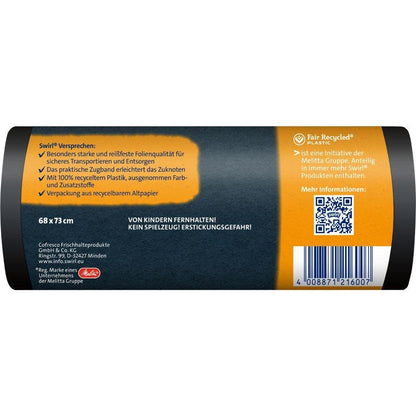 Un'etichetta in tedesco per i Swirl sacchi pesanti professionali con coulisse da 60 l (12 sacchetti) della Melitta Europa GmbH & Co. KG mostra caratteristiche come estrema resistenza allo strappo, plastica riciclata al 100%, informazioni sul riciclaggio, avvertenze per bambini, dimensioni 68x73 cm e un codice a barre su sfondo nero.